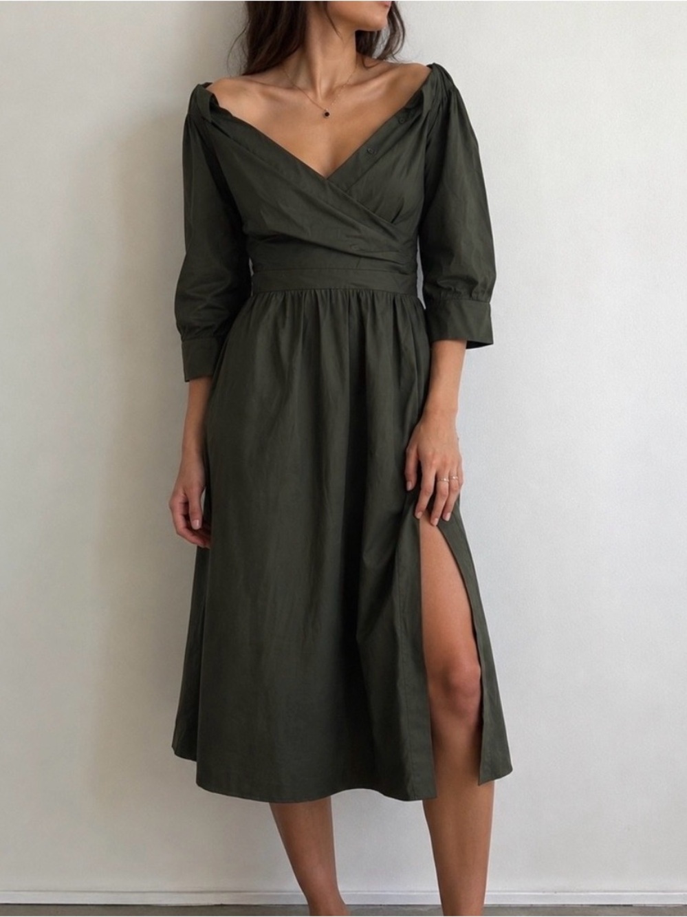 White House Black Market Olive Wrap Midi Dress